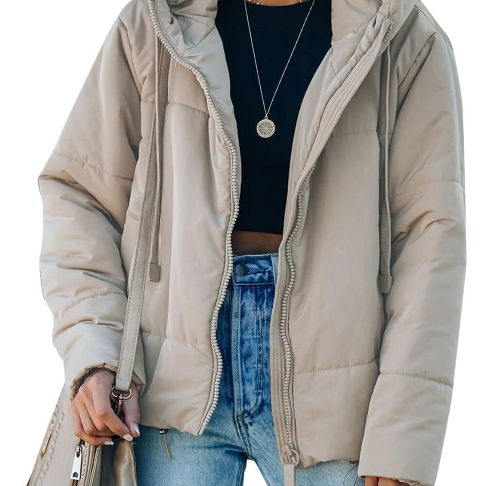 Women's Full Zipper Hooded Puffer Jacket, Short Coat with Pockets